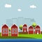 Red And White Wooden Scandinavian Houses. Autumn Theme