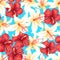 Red, white and yellow tropical hibiscus flowers seamless pattern