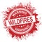 Red wildfire warning rubber stamp style emblem. on white