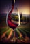 Red Wine Being Poured In The Glass over blurred winegrape field, AI Generated