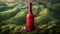 A red wine bottle in front of a landscape of grape farmland.