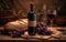 Red wine bottle, sesame bread, bunch of grapes and grape leaves on rustic olive table with vineyard in background. Generative AI