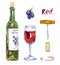 Red wine bottle, wineglass, grapes, corkscrew, cork and stain, isolated set