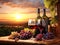 Red wine and bottles with grapes, and vineyard during sunset at the background