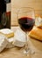 Red wine, Brie, Camembert and bread