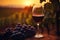 Red wine in glass on vineyard background at sunset. Generative AI