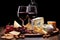 red wine near assorted cheeses on a wooden board
