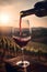 Red wine is pouring into a glass from a bottle at sunset with a vineyard view, Generative AI 7