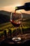 Red wine is pouring into a glass from a bottle at sunset with a vineyard view, Generative AI 8