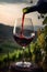 Red wine is pouring into a glass from a bottle with a vineyard view, Generative AI 44