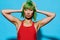 Red woman background beauty swimsuit amazed one trendy portrait hat wig fashion smile summer