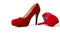 Red Woman Fashion High Heels Shoes Isolated On White Background. Closeup women bright summer footwear. Shopping and Fashion