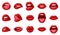 Red woman lips. Smiling lip, sexy shine impudent mouth. Female kissing, closeup face parts. Isolated cartoon girly retro