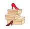 Red woman\\\'s shoe is on top of a stack of three cardboard shoe boxes, next to it is a burgundy woman\\\'s shoe