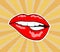 Red woman sweet lips in pop art retro comic style on stripped an