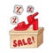 Red women\\\'s sandal stands on a cardboard box with the inscription Sale
