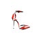 Red womens high-heeled shoe painted with strokes and spots