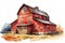 Red wooden barn, farmhouse watercolor illustration. Generative AI