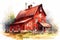 Red wooden barn, farmhouse watercolor illustration. Generative AI