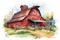 Red wooden barn, farmhouse watercolor illustration. Generative AI