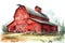 Red wooden barn, farmhouse watercolor illustration. Generative AI