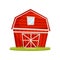 Red wooden barn and green lawn. Large farm building. Rural architecture. Countryside theme. Cartoon vector design