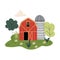Red Wooden Barn and Silo Tower, Farm Buildings, Rural Landscape Vector Illustration