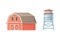 Red wooden barn and water tower. Farm agricultural buildings vector illustration