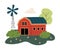 Red Wooden Barn and Windmill Power Station, Countryside Landscape Vector Illustration