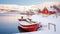 Red wooden boat covered with layers of snow, Beautiful winter landscape with snow covered red house, Generative AI