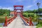 Red wooden bridge leading to the historic town of Bourtange