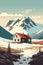 Red Wooden Cabin In The Mountains Landscape. Vector Illustration