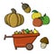 A red wooden cart with a harvest, a large pumpkin, apples and mushrooms, a set of vector cartoon