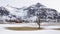 Red wooden church in Flakstad on the Lofoten islands in winter