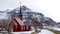 Red wooden church in Flakstad on the Lofoten islands in winter