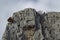 Red wooden climber house in the Lakatnik rocks and Alpine climber, Iskar river defile, Sofia province