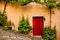 Red Wooden Door Flanked by Green Plants