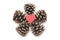 A red wooden heart in the center of a star made up of five pine cones on white background