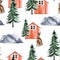 Red wooden house in the forest among the mountains and a hare watercolor seamless pattern