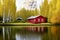 Red wooden house reflected in the water on a quiet lake in a birch forest, made with generative AI