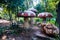 Red wooden mushrooms on a playground