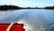 Red Wooden Paddle-wheel Turning, with La Crosse, Wisconsin in distance