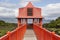 Red wooden viewpoint pathway in Pico island vineyard. Azores. Po