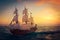Red Wooden Vintage Tall Sailing Ship, Caravel, Pirate Ship or Warship in Open Ocean. 3d Rendering