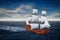 Red Wooden Vintage Tall Sailing Ship, Caravel, Pirate Ship or Warship in Open Ocean. 3d Rendering