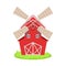 Red Wooden Windmill Cartoon Farm Related Element On Patch Of Green Grass