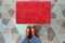 Red Woolen Door mat with Brown shoes Welcome entry designer doormat