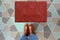 Red Woolen Door mat with Brown shoes Welcome entry designer doormat