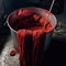 Red yarn dyeing process in metal buckets filled with vibrant red paint.