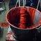 Red yarn dyeing process in metal buckets filled with vibrant red paint.